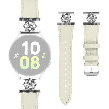 Samsung Galaxy Watch 42mm Watch Band Genuine Cow Leather Flower Decor Adjustable Strap - White