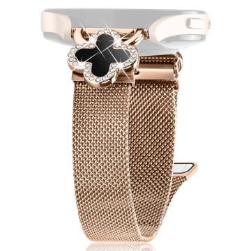 Samsung Galaxy Watch 42mm Milanese Band Electroplated Stainless Steel Watch Strap Clover Decor, Size: S - Rose Gold / Black