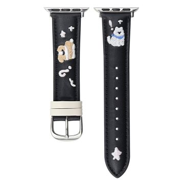 Lederarmband Apple Watch Series 10 42mm Katzenstickerei Verstellbares Band - Schwarz