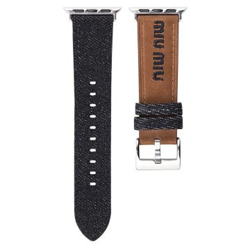 Uhrenarmband Apple Watch Series 10 42mm Gesticktes Denim-Lederarmband - Braun / Schwarz