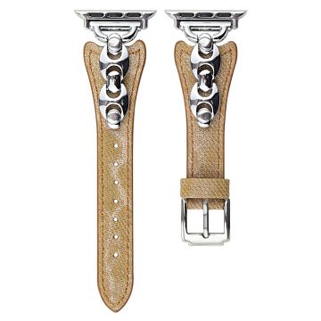 Uhrenarmband Apple Watch Series 10 46mm Metall D-Buckle Denim Lederarmband - Hellbraun / Silber