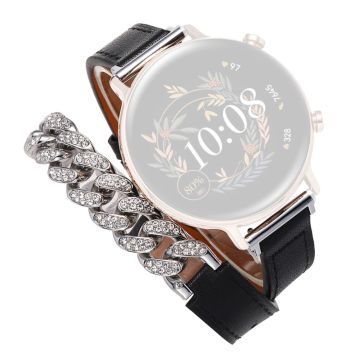 20mm Universal Smart Watch Armband Echtes Rindsleder und Kette Glänzend Strass Armband Ersatzband - Schwarz