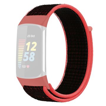 KALEBOL KLB-NLHH-001 Fitbit Charge 5 / 6 Nylon Uhrenarmband Schleifenverschluss Armband - Rot+Schwarz