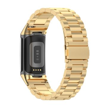 KALEBOL KLB-SZBXG-001 Für Fitbit Charge 5 Uhrenarmband 3-Perlen-Edelstahlarmband - Gold