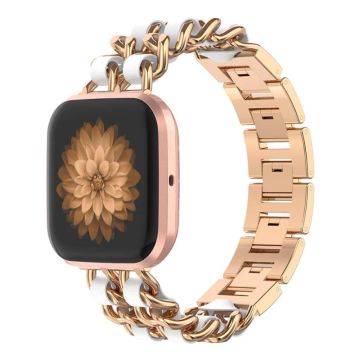 Fitbit Versa 2 / Versa Lite Edelstahl + Lederarmband - Rose Gold / Weißes Leder