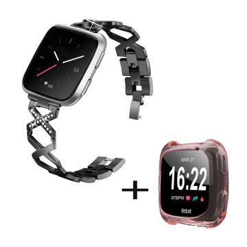 Fitbit Versa 2 / Lite Edelstahlarmband mit Strassdekor und pinker Handyhülle - Schwarz