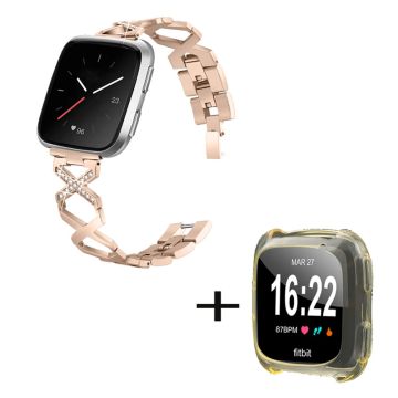 Fitbit Versa 2 / Lite Edelstahlarmband mit Strassdekor und klarer gelber handyhülle - Gold